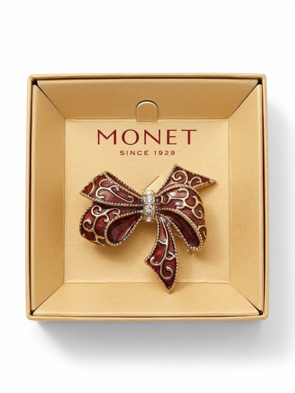 Vintage Signed Monet Burgundy Red Enamel Bow Brooch Pin with Box